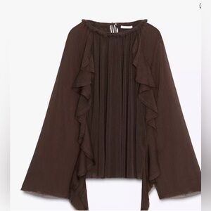 Zara Brown Ruffle Long-Sleeve Blouse